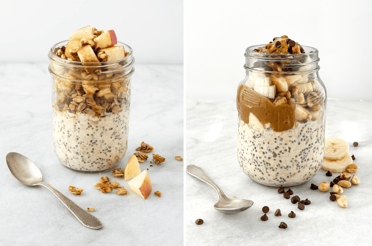 Jars of overnight oats topped with peanut butter and fresh fruit.
