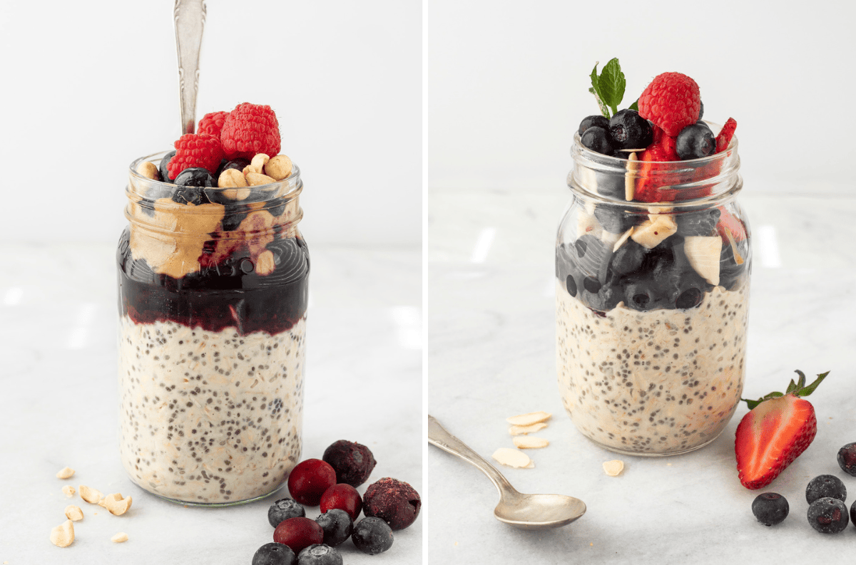 Jars of vegan overnight oats topped with peanut butter, jam and fresh fruit.
