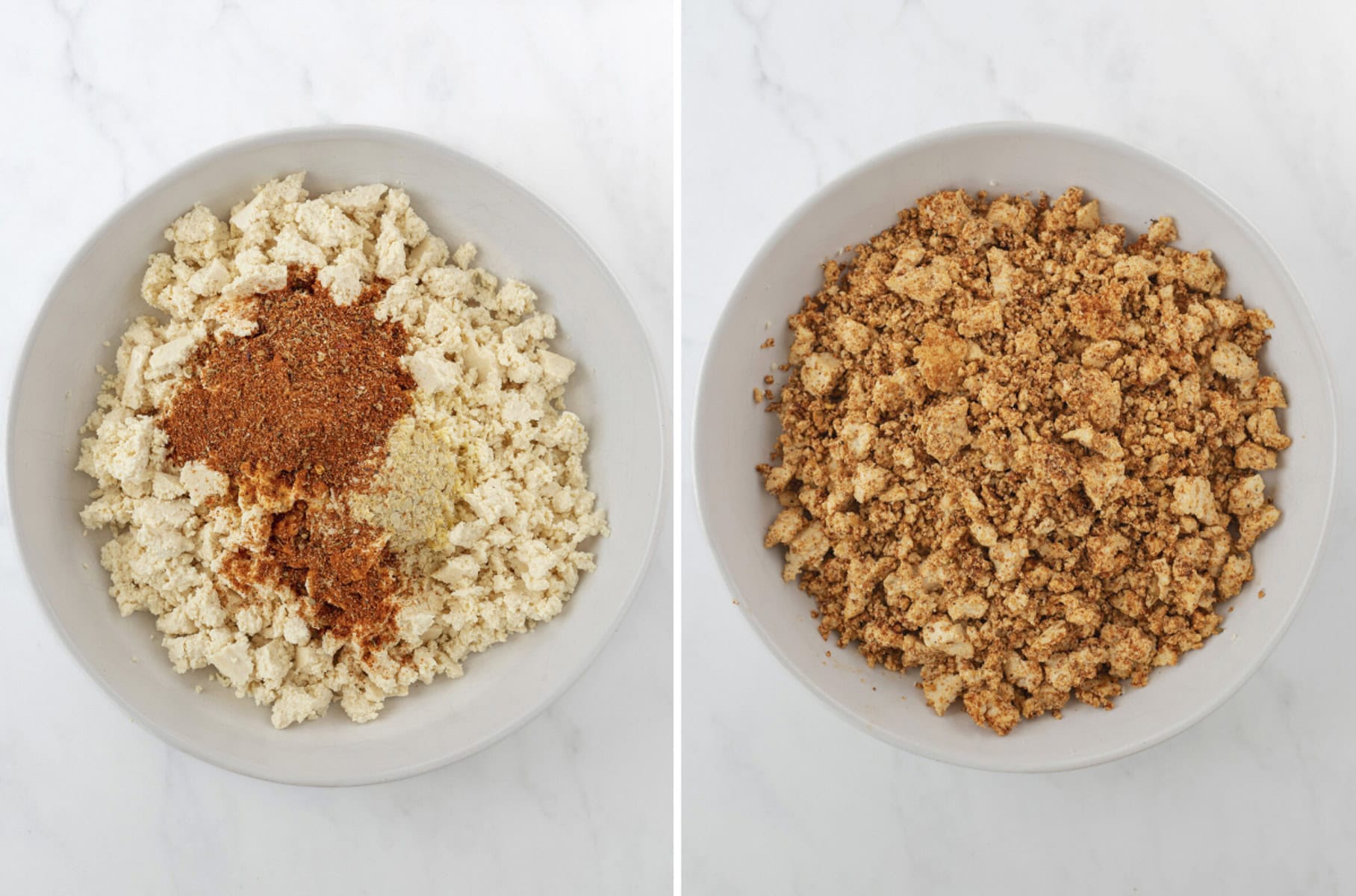 Tofu being crumbled and seasoned to make vegan tofu tacos.